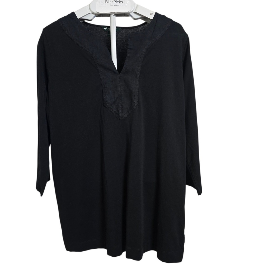 Lauren Ralph Lauren Plus 2X Black Cotton Tunic Linen Panel V-Neck Quiet Luxury